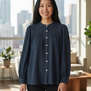 Navy Blue Long Sleeve Blouse – Classic Button Style, Loose Fit Casual Top, Small